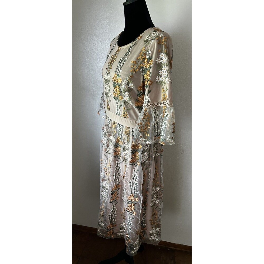 Bohme Floral Embroidered Sheer Lined Fit & Flair Midi Dress Boho Romantic Size L - Picture 4 of 12